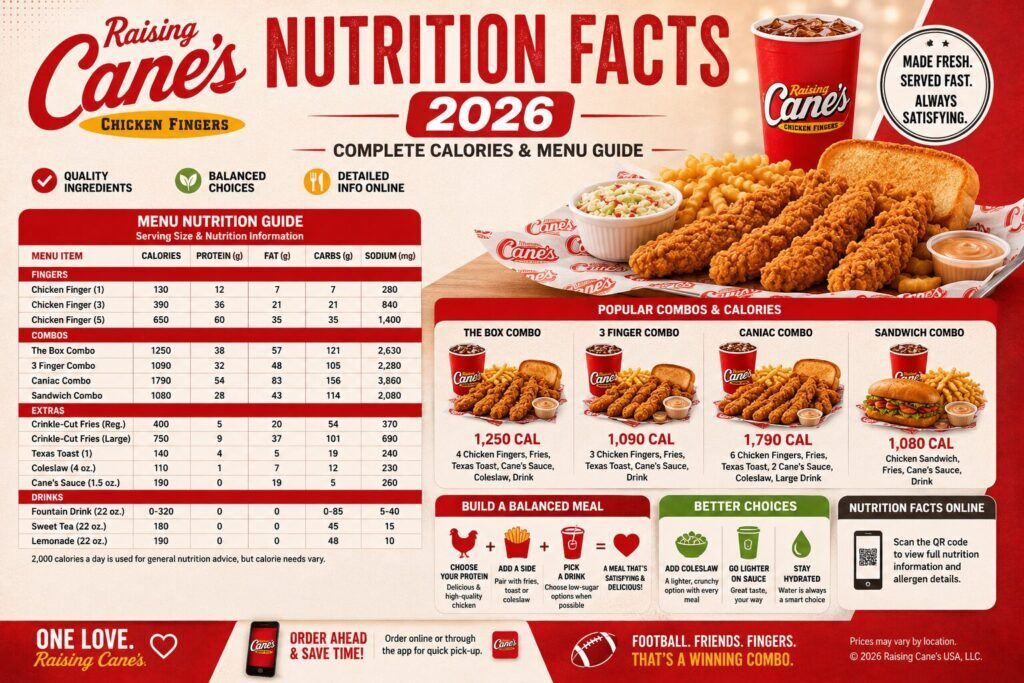 Raising Cane's nutrition facts 2026 chart showing calories for chicken fingers, combos and Cane's Sauce