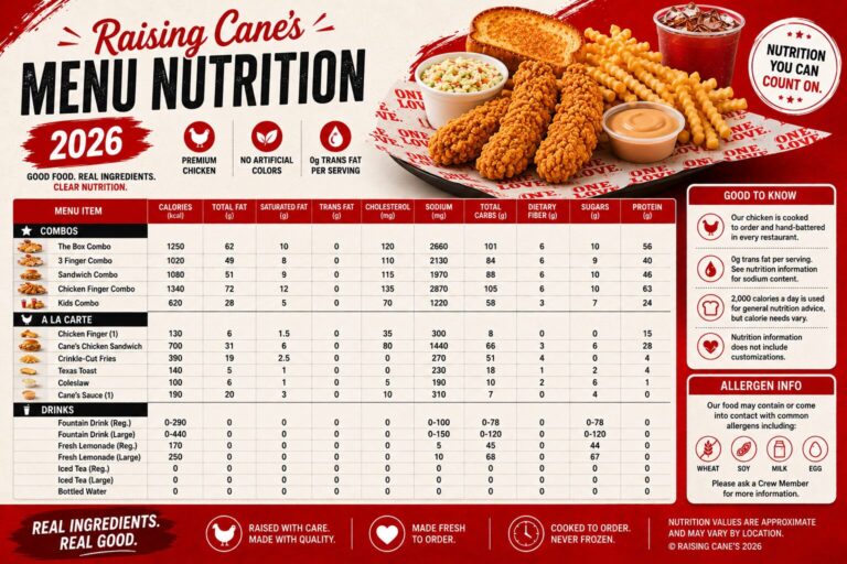 Raising Cane’s Menu Nutrition (2026)